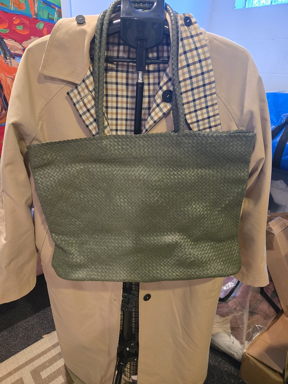 QUINCE Woven Olive Green Leather Tote Bag - Picture 2 of 10